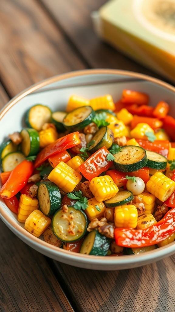 Crispy Summer Air Fryer Vegetable Medley Recipe Crispy air-fried zucchini, bell peppers, and corn garnished with herbs in a colorful bowl.